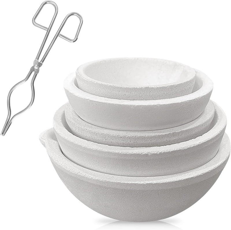 DEELEDM 6 Pack Ceramic Crucible Bowl with 7.87" Crucible Tong, 1000g/500g/250g/150g/100g Quartz Ceramic Crucible Melting Dishes Pot for Casting Refining Torch Melt Jewelry Gold Silver Brass Alloy - Image 1